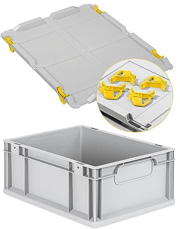 Eurobox NextGen Economy 40x30x17cm Griffe geschlossen mit Auflagedeckel grau, Kunststoffbox 16 Liter stapelbar Transportbehälter lebensmittelecht, Farbe Deckel-Verschlüsse wählbar (Verschlüsse Gelb)