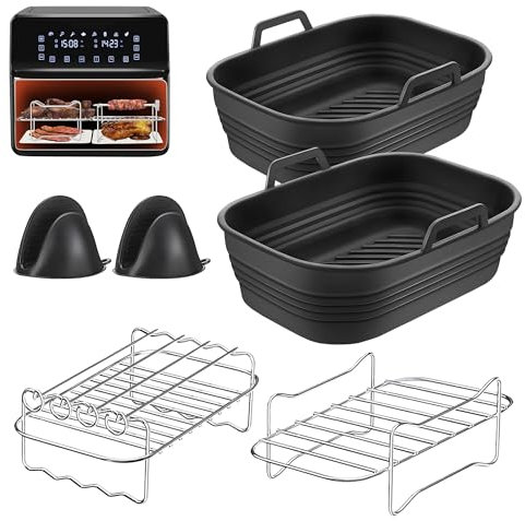 Elegancy Silicone Air Fryer Liner, Set of 6 Foldable Air Fryer Liners, Mitts & Racks 8.46inch Reusable Airfryer Baskets, Accessories for Ninja AF400UK & Tower T17088 & AF500