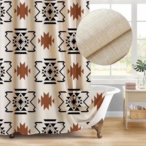 Jimuzi Tenda da doccia in lino azteco occidentale etnico sud-ovest a righe geometriche set con ganci, tende da doccia in stile bohémien per bagno, 180 x 180 cm