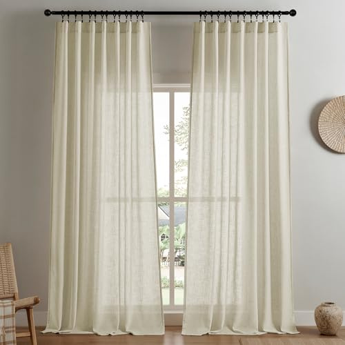 Joydeco Leinen-Vorhänge für Schlafzimmer, halbtransparente Vorhänge, 274 cm lang, Wohnzimmervorhänge, 2 Paneel-Sets, cremefarbene Vorhänge, Plissee-Vorhänge und Vorhänge (B 132 x L 274 cm, Leinen)