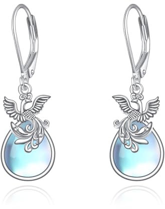 Phönix Mondstein Ohrringe Sterling Silber baumeln Drop Leverback Ohrringe Feuer Nirvana Phönix Vogel Rising Schmuck Geschenke für Frauen Mädchen