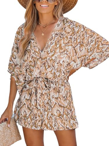 CUPSHE Damen Jumpsuit V-Ausschnitt Kurzarm Strampler Leopardenmuster Weites Bein Kurz Overall mit Gürtel Casual Lose Playsuit Kaffee M