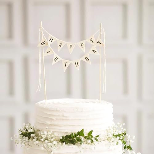 Handgefertigte Wimpelflaggen mit Holzstange, elfenbeinfarben, Kuchendekoration, Girlande, Happy Birthday, Kuchendekoration, Partyzubehör