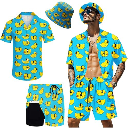 Hawaiianische Herren-Outfits, 2-teilig, Rave-Enten-Shirts, Shorts, Outfits, tropisches Set mit Hut, Ente + Mütze, XX-Large