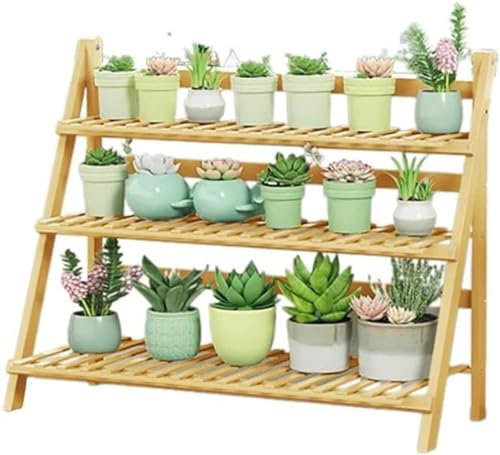 Bambus-Pflanzenregal, zusammenklappbares Bücherregal und Blumentopfständer für Balkon, Garten oder Innenbereich, Holzleiter-Design mit zusammenklappbaren Funktionen