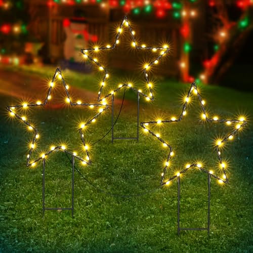 BrizLabs Weihnachtsbeleuchtung Außen, 3er Set 90 LED Gartenstecker Sterne Metall Weihnachtsstern Gartenstäbe Außenbeleuchtung mit Timer Weihnachtsdeko Gartendeko Beleuchtet, Schwarze Stern, Warmweiß