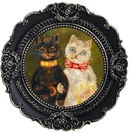 VINLIFE Antiker Mini-Bilderrahmen, 7,6 x 7,6 cm, klein, Vintage-Stil, rund, Brieftaschengröße, Katze, Wandkunst mit geprägtem Blumendesign, viktorianische kunstvolle Galerie, Wand- und Tischdekoration