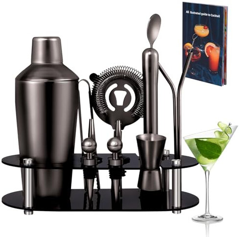 Zanfqvo 700 ml Shaker Cocktail, 14 Pezzi Kit Cocktail con Misurino Cocktail, Pestello Cocktail, Kit Barman in Acciaio Inox Professionale per Regalo Uomo (Nero)