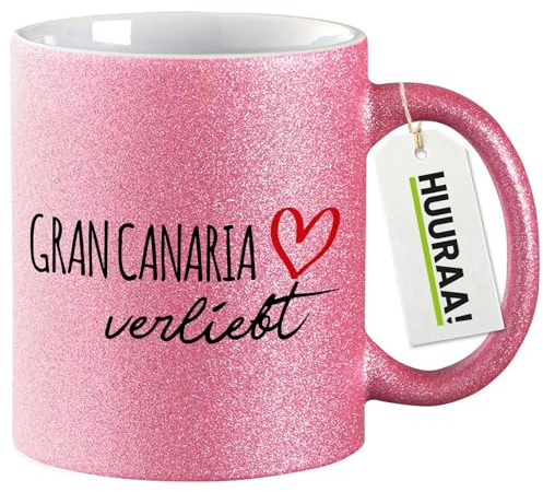 Huuraa Glitzertasse Gran Canaria verliebt Geschenk | Motivtasse 330ml Glitzer Tasse mit Spruch Pink Keramik Kaffeebecher Geschenkidee Pinker Glitter Becher mit Motiv