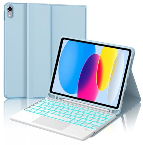Funda Teclado con Trackpad para iPad A16 11ª Generación 2025/10ª Generación 2022, Teclado Bluetooth Desmontable con Retroiluminación de 7 Colores para iPad 11ª/10ª Gen 10.9/11 Pulgadas, Azul Claro