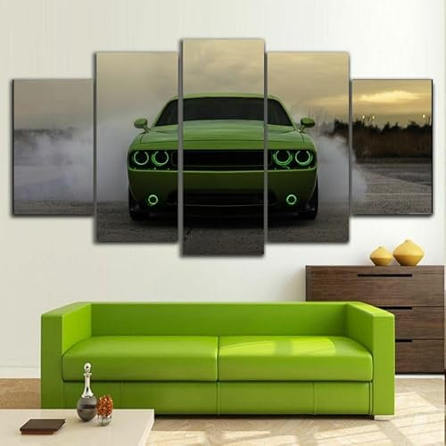 FatAco 5 Stück Dodg Challenger Green Front Racing Car Bilder Gemälde Modern Home Decor Leinwand Poster Wohnzimmer Modular (Rahmenlos)