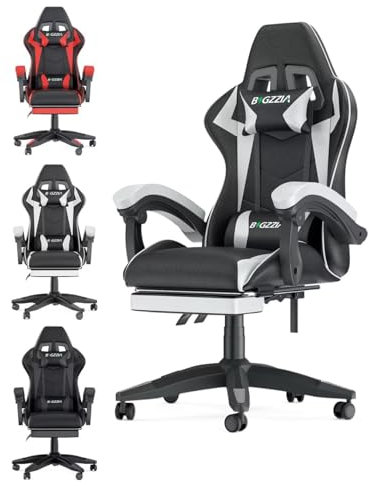 bigzzia Silla Gaming,Silla Ergonómica para Videojuegos, Oficina y Estudio, Silla Gaming con Cojín Lumbar y Reposacabezas, Regulable en Altura, con Reposapiés (White)