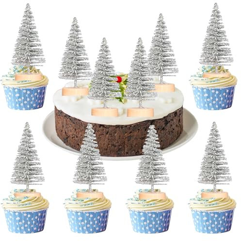 Gyufise 12Pcs Mini Christmas Tree Cupcake Toppers 3D Mini Christmas Tree Cake Topper Decorations for Xms Birthday Winter Holiday Party Decoration Supplies Silver
