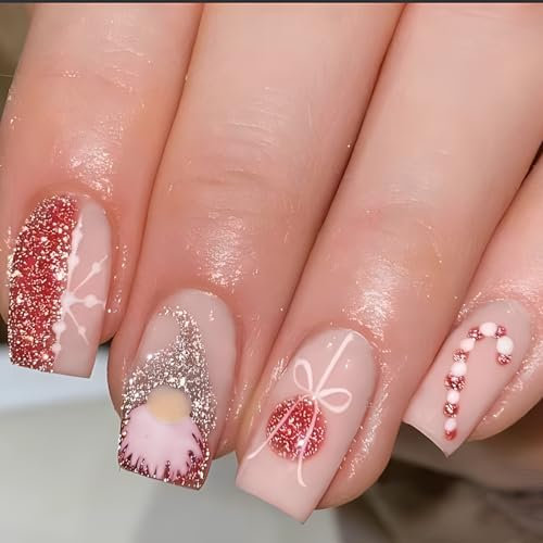 Christmas Fake Nails, Glossy Christmas Press on Nails Medium Long- Acrylic Square Stick on Nails - Gift Design Home Manicure Home DIY