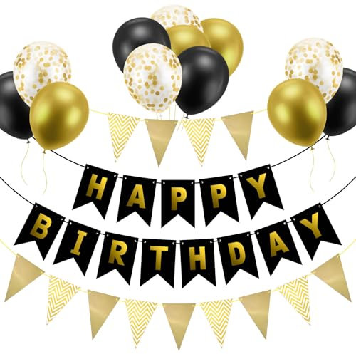 OSDUE Guirnalda Feliz Cumpleaños, Cumpleaños Banner Bandera Guirnalda Globos Negro Dorados, Feliz Cumpleaños Decoración con Globos confeti Cumpleaños para Fiesta de Cumpleaños Chico Chica