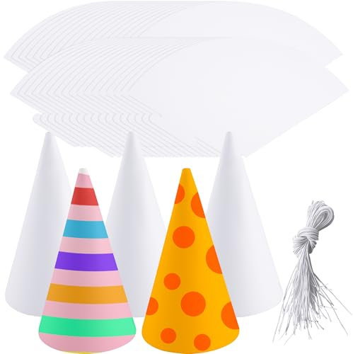 Haconba Weiße Party-Kegel-Hüte, blanko, Papier, DIY, Basteln, einfarbig, Papierkegel mit elastischer Schnur für DIY, Handwerk, Geburtstag, Weihnachten, Neujahr, Partyzubehör, 45 Stück
