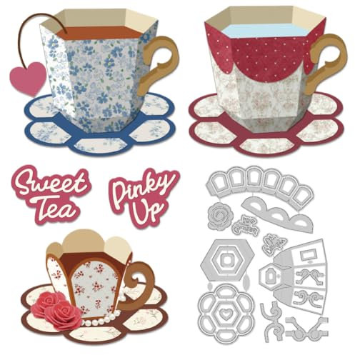 DELORIGIN 3D Tea Cup Die Cuts for Card Making, Coffee Cups Carbon Steel Cutting Dies 2025 Tableware Scrapbooking Embossing Template Dies for DIY Birthday Gift Party Greeting Paper Card Photo Album