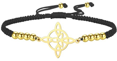 kkjoy Bracciale Regolabile di Corda Intrecciata del Nodo delle Streghe Placcato Oro in Acciaio Inox Gioielli Trinità Celtica Amuleto di Stregoneria per le Donne (Nero)
