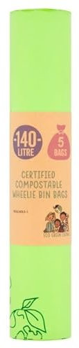 Eco Green Living 140L Wheelie Bin Liners, Plastic Free Strong and Durable Refuse Sacks for Small Wheelie Bins, Dustbins and Household Waste, Tie Handle Garbage Bags, 5 Bags
