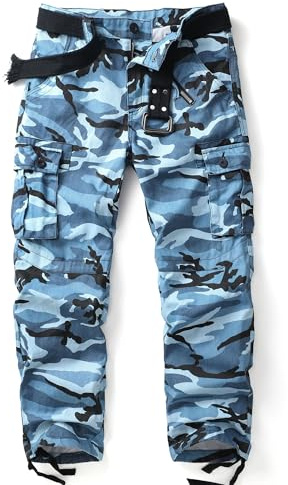 AKHIKING Men's Casual Cargo Work Cotton Pants Hiking Military Outdoor Wild Combat Trousers with 6 Pockets Blue Camo 32x32