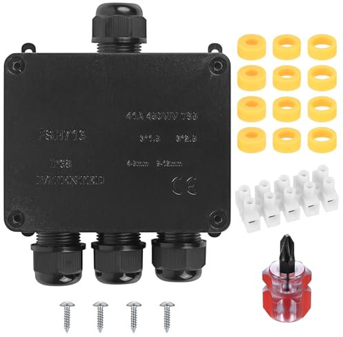 IP68 Waterproof Junction Box Outdoor, 4-Way External Electrical Cable Connectors Outdoor, Electrical Junction Box Enclosure for 4-8/8-12/10-14 mm Diameter Connection Wire Connectors(Black)