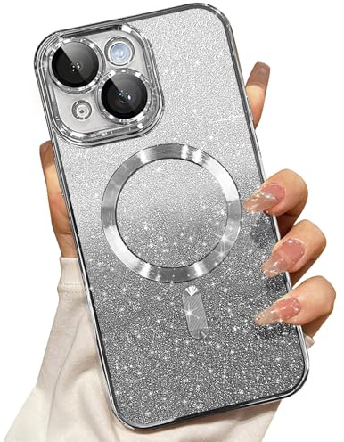 Misscase Magnetisch Hülle Kompatibel für iPhone 15, Glitzer Verlauf Handyhülle Kompatibel mit MagSafe, Stoßfest Anti-Kratzen mit Kamera Objektivschutz Niedliche TPU Schutzhülle-Silber