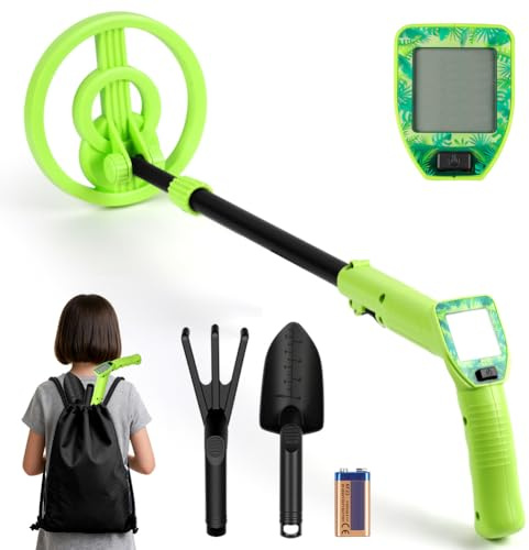 Flintronic Metalldetektor Kinder, Verstellbarer Metalldetektor (61-87CM) | Hochpräziser, Wasserdichter, sehr leicht, mit Schaufel, Rechen für die Erkundung im Freien Schatzsuche(Grün)