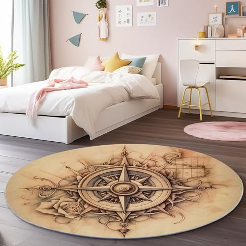 Tappeto Morbido Rotondo 160 cm, Lavabile Pelo Corto flanella Rosa Dei Venti D'Epoca Stampa Antiscivolo Terroso Tappeto rotondo - per Camera da Letto Sala da Pranzo Cucine