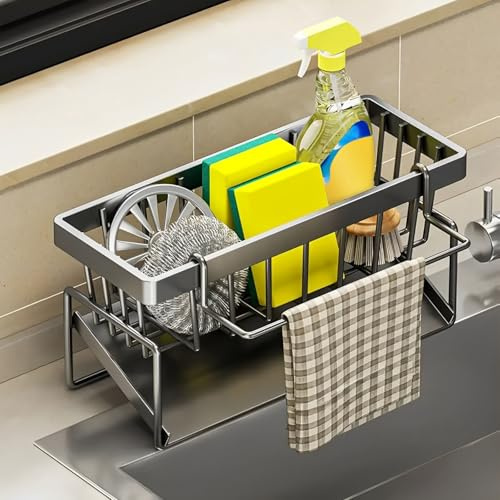 Kitchen Sink Caddy, Sink Tidy Organizer, Storage Rack with Draining Tray | Kitchen Sink Organiser, Dishcloth Hanger, Washing up Utensil Caddy, Kitchen Soap Holder
