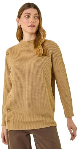 Roman Originals Side Buttoned Knit Jumper for Women UK - Ladies Everyday Autumn Winter Shaped Neckline Comfy Soft Evening Vacation Work Party Night Out - Tan - Size 20