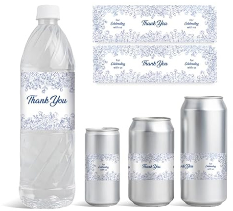 GOMAKERER 30 Sheets Weeding Water Bottle Labels, Blue Flower Thank You Water Container Labels Personalized Self-Adhesive Wraps Sticker for Baby Shower Birthday Party Favor, 8.5x2.5 Inches（216x64mm）