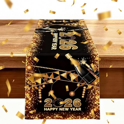 1 Stück Silvester Deko 2026, Silvester Tischdeko, Silvester Tischdecke 2026 Schwarz Gold 33 * 180cm – Elegante Tischdeko Silvester Für Party, Neujahr & Festtage