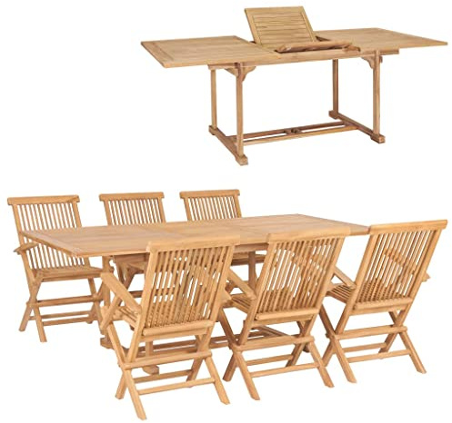 QJBSAVVA Teakholz Gartenmöbel Set 7-TLG mit ausziehbarem Esstisch 150-200 x 100 x 75 cm 6 Klappstühle Massivholz Outdoor Essgruppe platzsparend für Balkon Terrasse Garten Küche