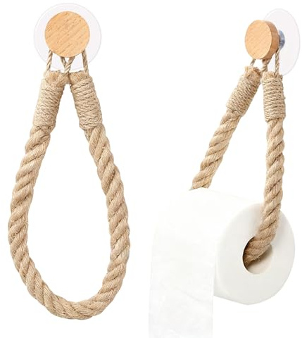 Wooden Rope Toilet Roll Holder, 2 Piece Funky Wood Self Adhesive Paper Holders for Bathroom Kitchen Bath, Wall Mounted Loo Accessories Decor