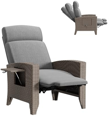 lovtuwr Rattan Gartensessel Set, Relaxliegen mit Verstellbarer Rückenlehne, Sitzkissen, Balkontisch und Abdeckung,Gartenmöbel Liegen (B-(R))
