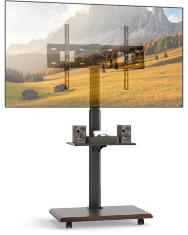 COSTWAY Mobile TV Stand on Wheels for 32-75 Inch TVs, 60° Swivel Height Adjustable TV Cart with 2 Tier Shelves & Lockable Wheels, Rolling TV Stand Holds Up to 50KG, Max VESA 600x400mm (Walnut+Black)