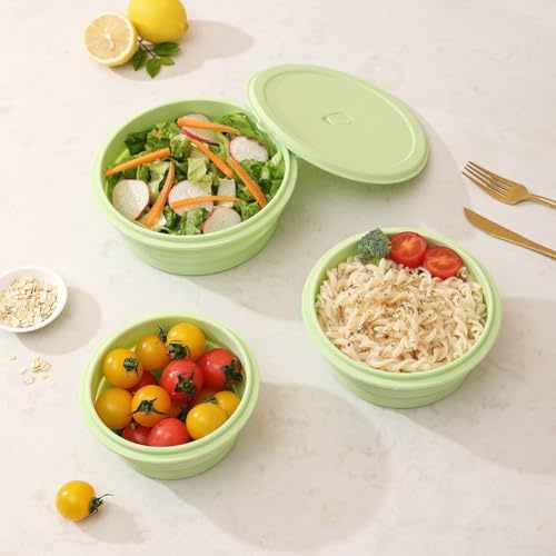Bols pliants en silicone avec couvercles pour camping, voyage, pique-nique, utilisation à la maison, passent au lave-vaisselle, pliables à plat jusqu'à 3 cm de hauteur, ensemble léger et portable pour