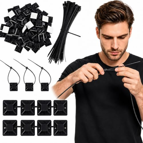 200 Pcs Cable Tie Sticky Pads, Adhesive Cable Holder Nylon Wire Tie Mounts | Cable Clips, Sticky Cable Tie Pads for Cable Management in Home, Office, Workshop, DIY, Garden