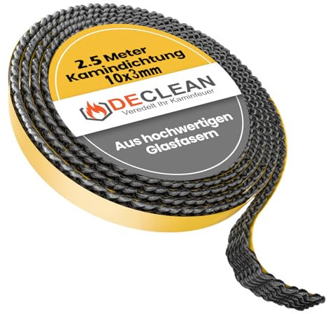 DeClean 2,5m Kamindichtung Ofendichtschnur - selbstklebend 10x3mm Dichtband Scheibe Kamin Ofen Dichtung