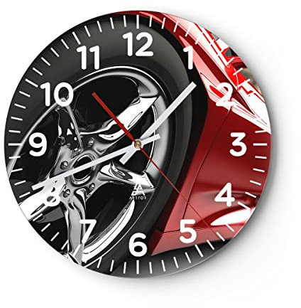 Modern Wanduhr Sportwagen Rad Felge 30x30cm Rund Klein Wand Uhr Glas Analog Zimmeruhren Küche Büro Wohnzimmer Glasuhr Wall Clock Dekoration Design Wanddekoration Küchenuhr C4AR30x30-0454