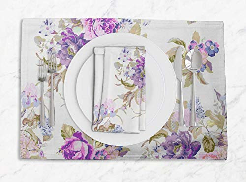 S4Sassy Viola Foglie, Lilla e peonia Floreale Sottopiatti reversibili da Pranzo stampabili Lavabili con Set di tovaglioli