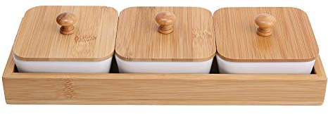 Ceramic Appetizer Serving Plate with Bamboo Tray Cover for Fruits Nuts Desserts ((3-Compartment))