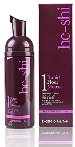 He-Shi Rapid 1 Hour Mousse Instant Selbstbräuner-Schaum – Formel für schnelles Trocknen ohne Streifen – Natürliche vegane Bräune mit Avocadoöl – Künstliche Bräune für Körper und Gesicht (150 ml)
