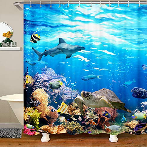 Homewish Meeresschildkröte Hai Dusche Vorhänge,Unterwasser-Welt-Muster Dekor Badezimmer Dusche Vorhang,Kinder Ozean Koralle Fisch wasserdichte Dusche Vorhang Mildew Resistent,180x180(W/L)