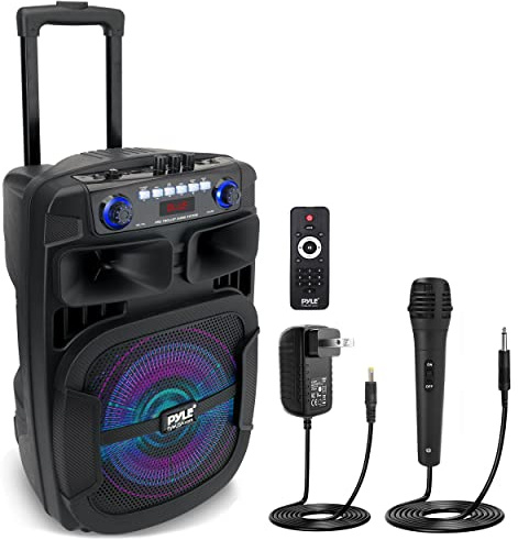 Pyle Portable Bluetooth PA Speaker System - 800W 12 Inch Outdoor Speaker with Built-In Party Lights - USB/SD Card Reader, FM Radio, Extendable Handle w/ Wheels - Includes Wired Microphone & Remote
