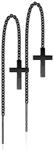 Treuheld® Ohrstecker mit Kette und Kreuz | 4 Farben | Edelstahl [02.] - schwarz