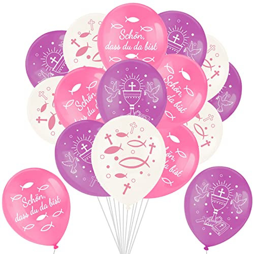 DPKOW 24pcs Rosa Kommunion Konfirmation Luftballons Deko für Mädchen, Schön DASS Du da Bist Luftballons für Mädchen Erstkommunion Firmung Taufe Deko, mit Fische Taube Kelch Bibel Kreuz Muster