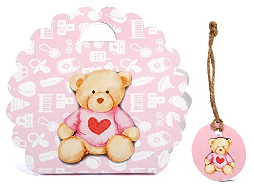 Mr Pubblicità 25+25 Pezzi - Scatoline Bomboniere per Battesimo, Nascita, Compleanno - Portaconfetti e Bigliettini per Bomboniera o Fazzoletti Confetti - Orsetto (Girl)