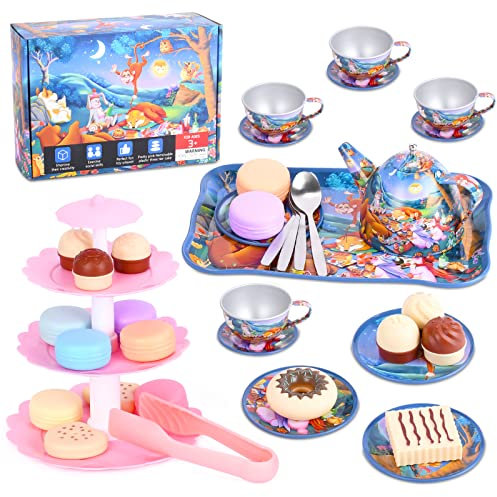 FUQUN Juego de 42 Piezas para Fiestas de té para niñas, Juguetes de Princesa Tea Time Incluyendo postres, Galletas, Donut, Bandeja de Tetera para Tartas, Juego para niñas y niños de 3 a 6 años
