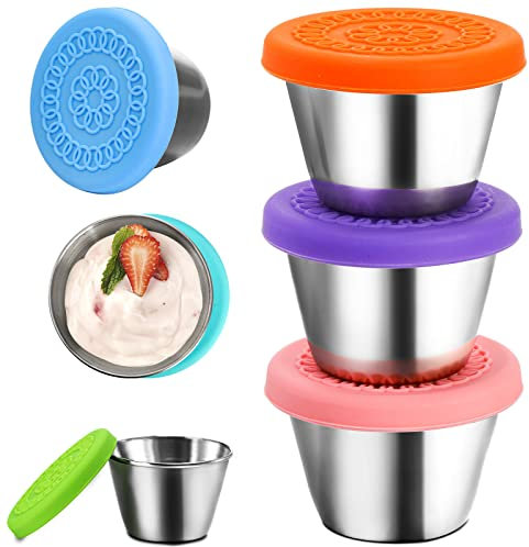ZOOFOX 6 Pack Salad Dressing Containers to Go, 2.4oz Small Sauce Container with Leakproof Silicone Lids, Stainless Steel Condiment Sauce Cup for Dipping, Appetizer, Lunch Box Picnic Travel, Meal Prep